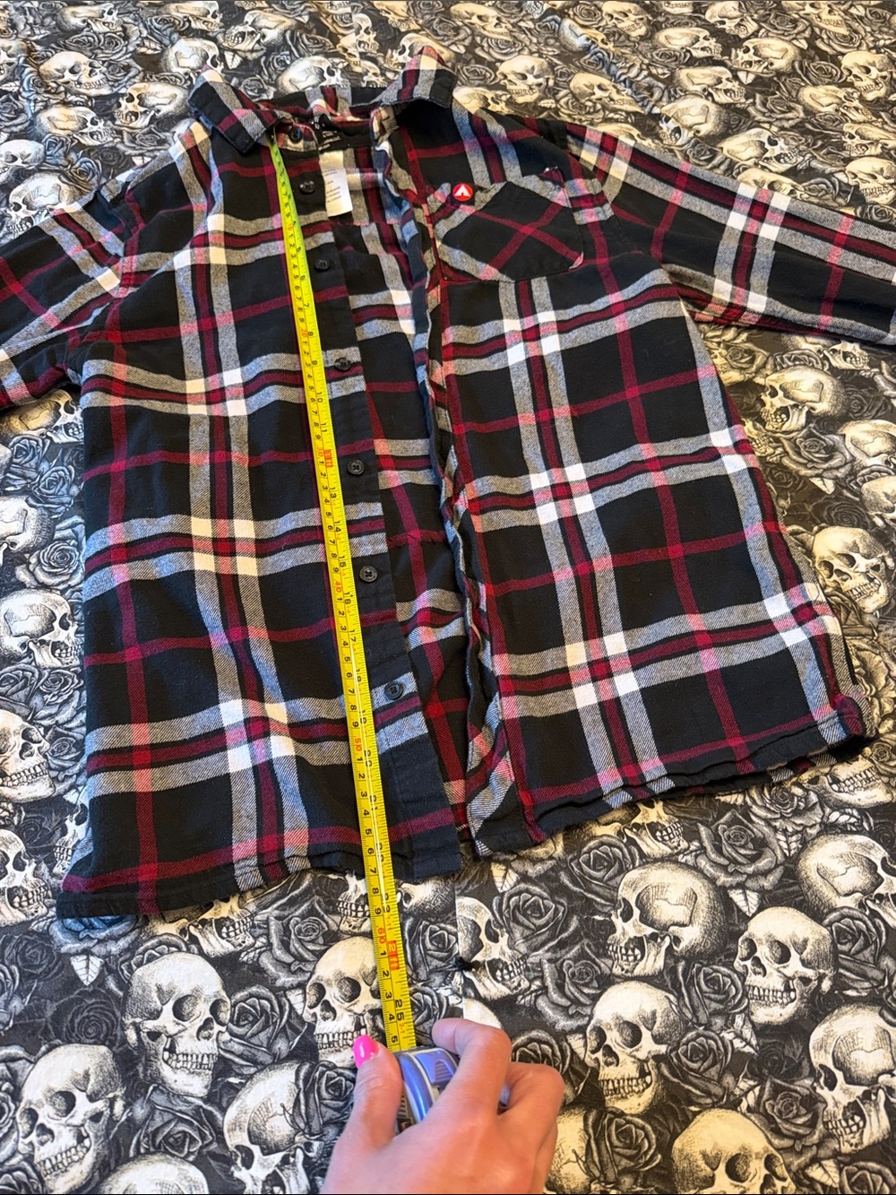 RARE HAND STITCHED Kids large Plaid Flannel Shirt with Skull Patch - Black & Red - Picture 4 of 5